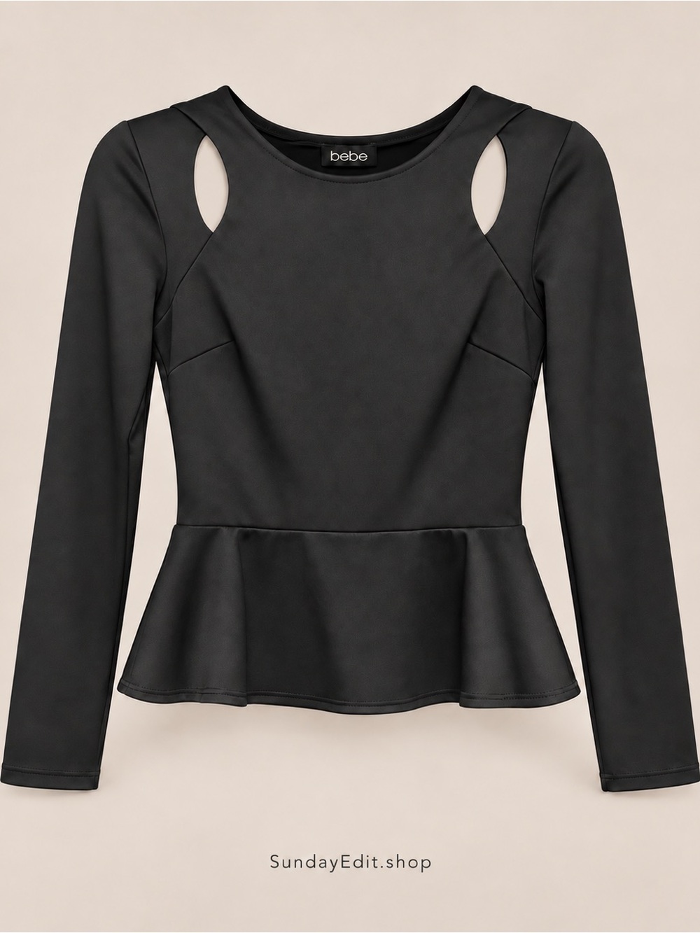bebe Black Peplum Long-Sleeve Top with Shoulder Cutouts | NWT | size S